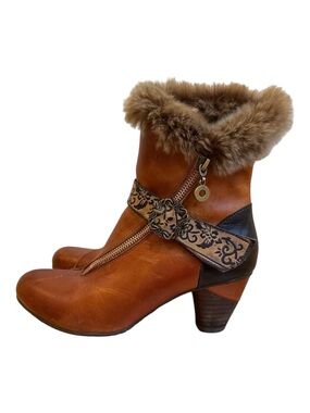 Gorgeous Finesse Fur-collar Leather Ankle Boots Size 37 cognac maroon brown heel
